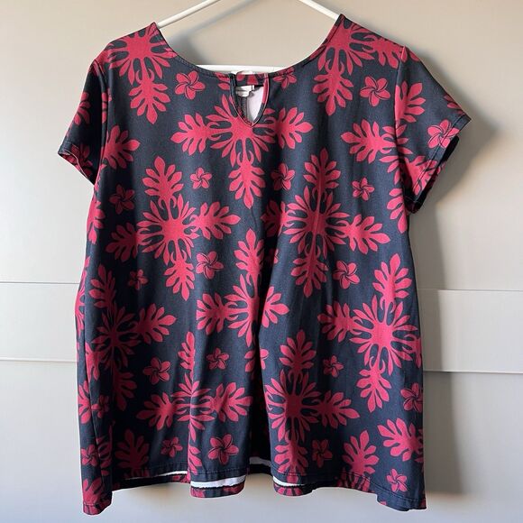 Hula Bay Hawaiian Top Women Large Red Floral Tropical Short Sleeve Stretch - Picture 1 of 6